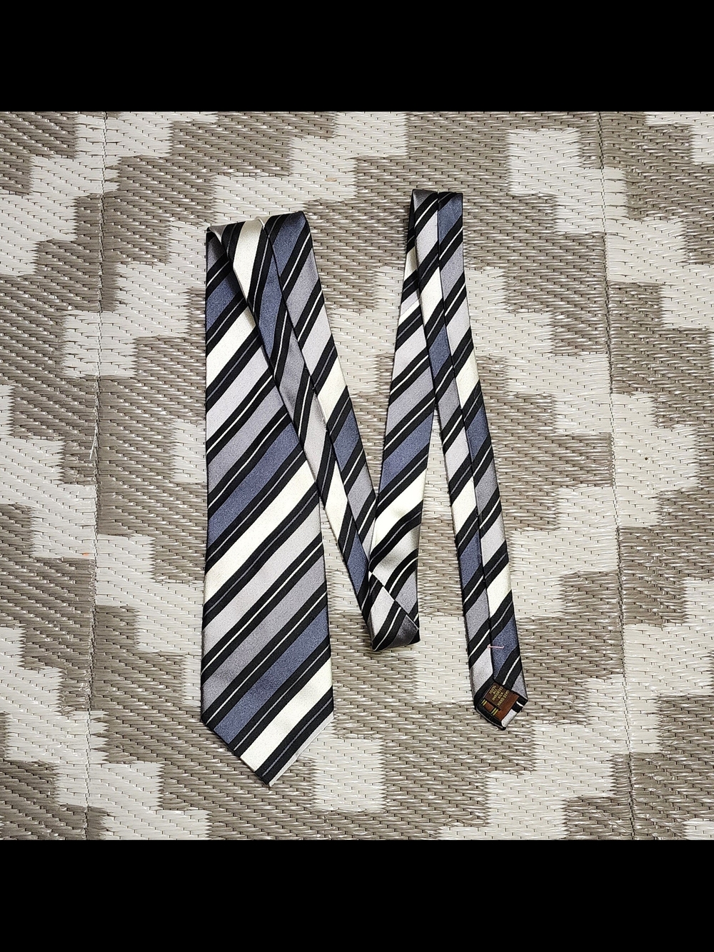 Striped Silk Tie in Blue, Black & White - Men Accessories